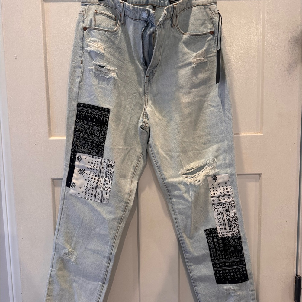 Blank NYC Light Blue Jeans with Black Patchwork